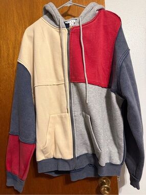 HYFVE Colorblocked Zip Hoodie in Gray, Cream & Red